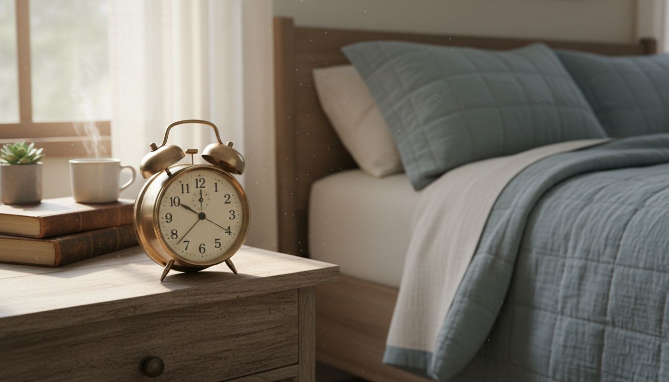 Réveil lumineux en bois naturel, entouré de plantes vertes, créant une ambiance sereine et moderne.