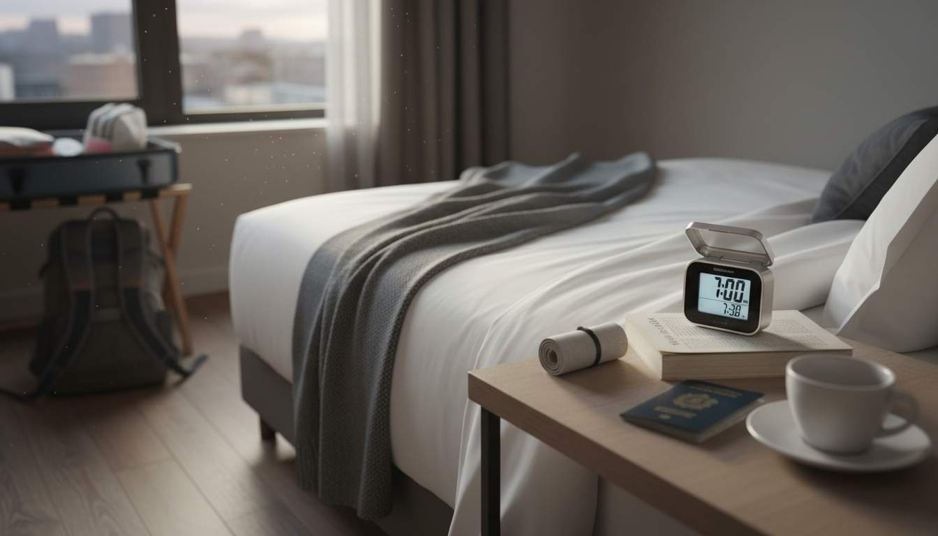 Réveil de voyage compact en action sur une table de café, idéal pour les matinées pressées.