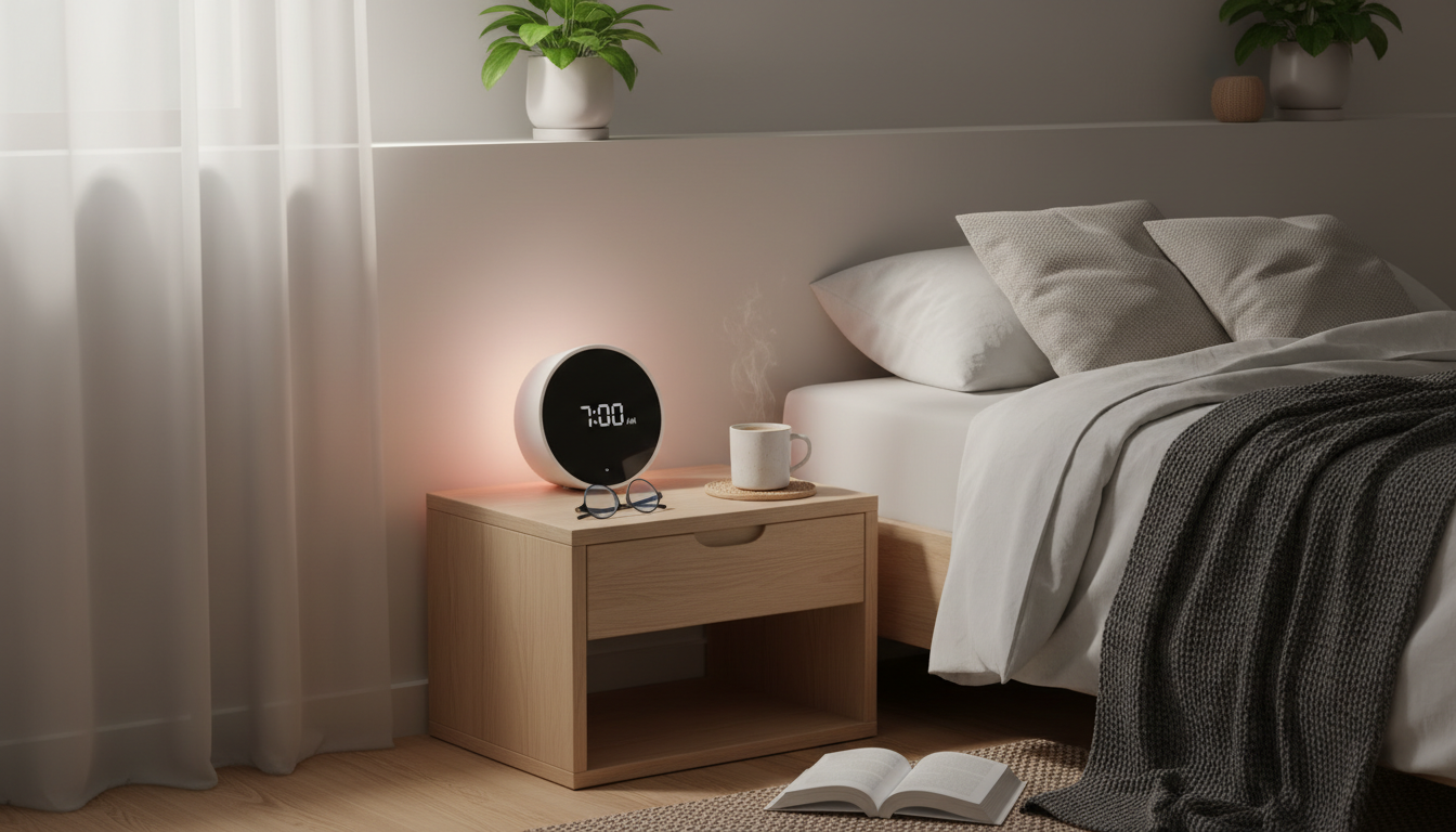Réveil connecté en bois clair sur table de chevet, lumière douce illuminant la pièce.