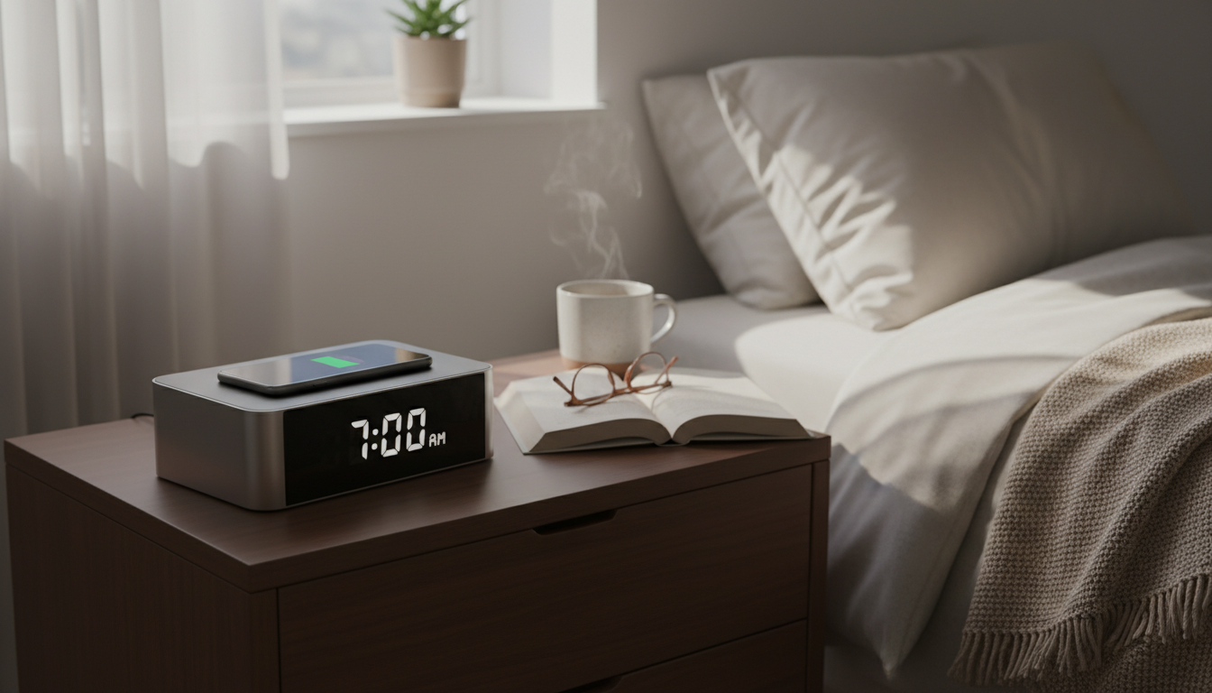 Réveil modernisé sur une table de nuit en bois clair, illuminant la pièce d'une douce lumière.