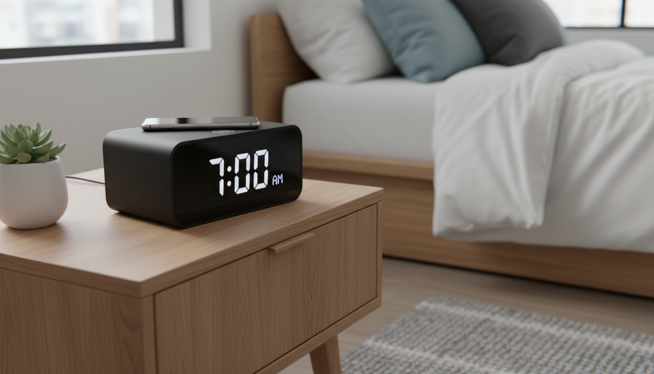 Réveil posé sur un livre en marbre, entouré de plantes vertes, créant une ambiance apaisante et chic.