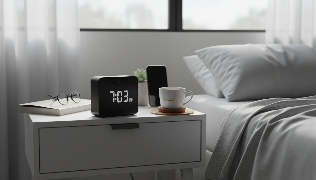 Réveil en bois élégant sur table de nuit, allumant doucement la chambre.