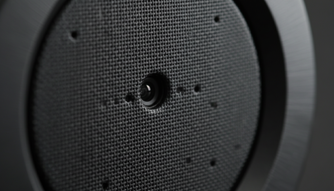 Texture bois naturel avec écran LED, boutons discrets et lentille camouflée.