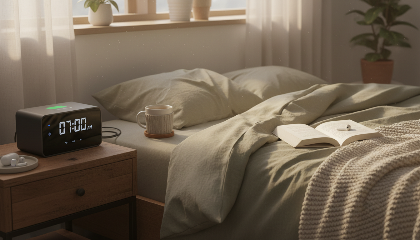 Réveil Bluetooth en bois clair sur une table de chevet, illuminé par la lumière douce du matin.