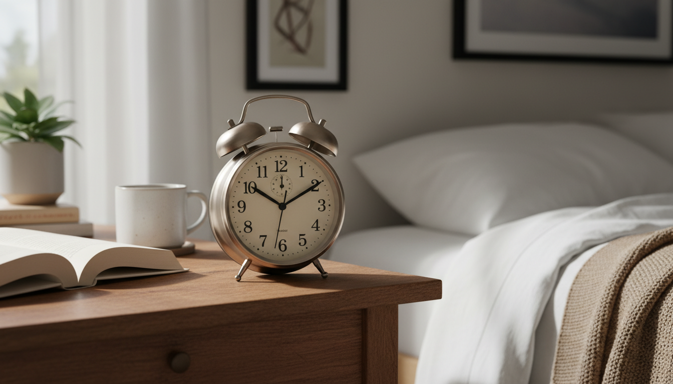 Réveil analogique en bois clair, posé sur une table de nuit minimaliste.