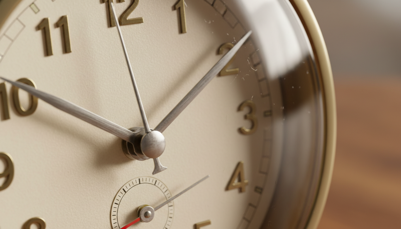 Cadran blanc éclatant avec aiguilles dorées, texture lisse et finition mate.