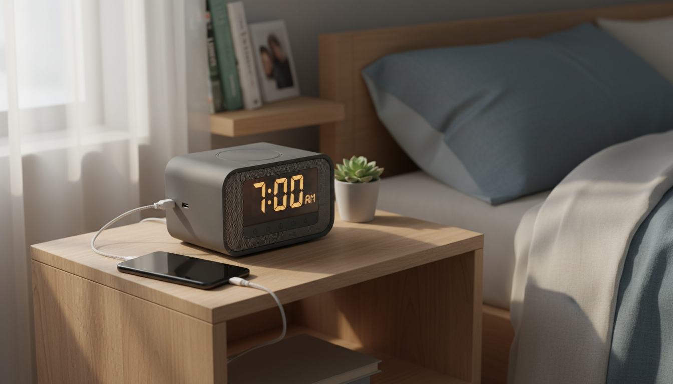 Réveil Bluetooth entouré de livres et d'une plante verte, créant une ambiance apaisante et moderne.