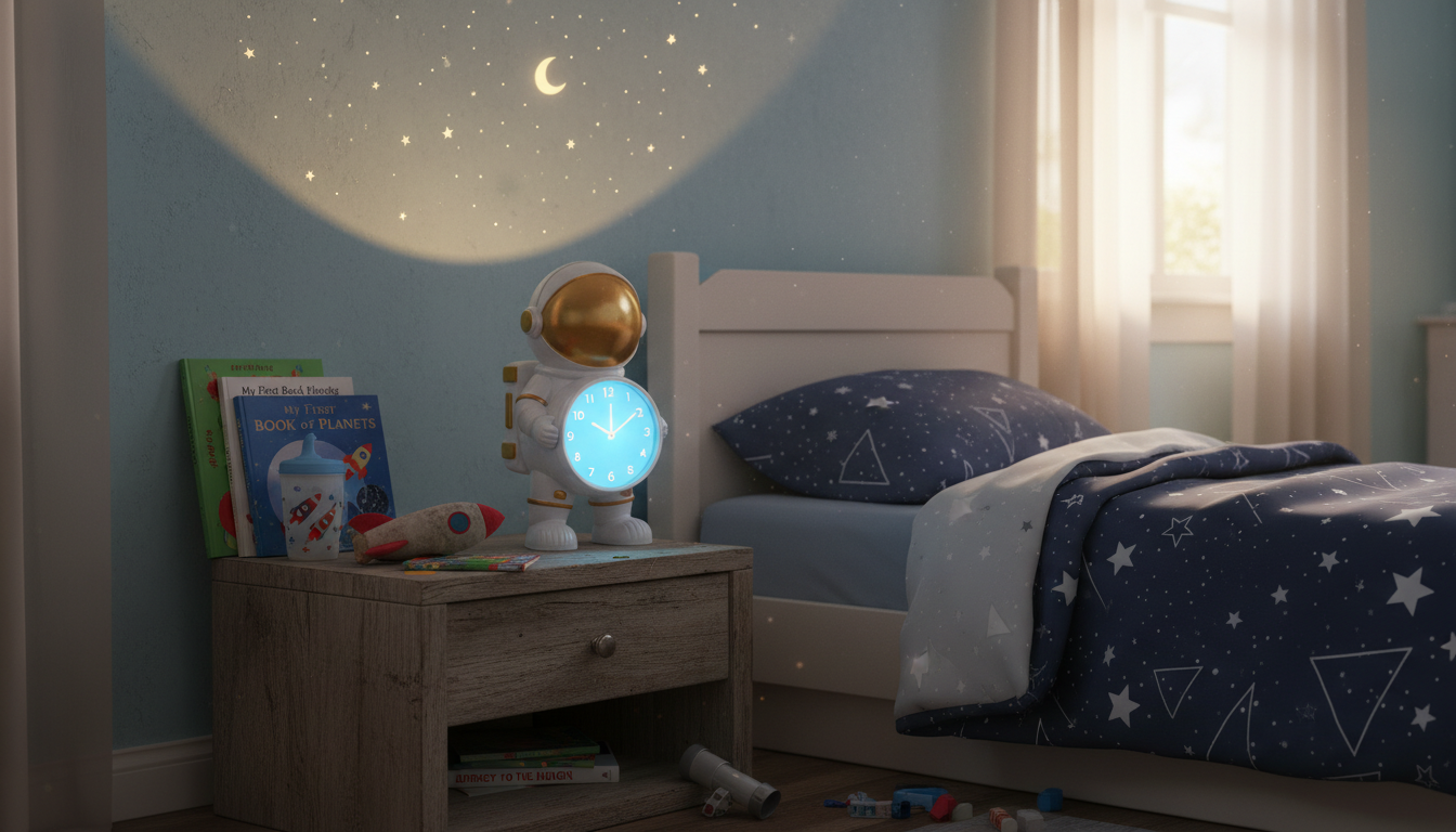 Un jeune astronaute s'éveille sous une douce lumière bleue, entouré d'étoiles projetées.