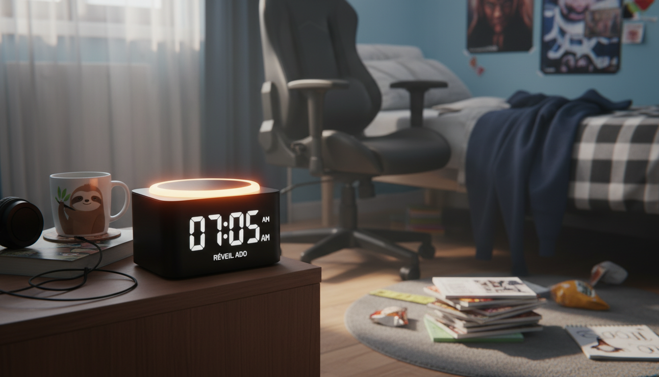 Réveil Ado noir mat, éclairage chaleureux, posé sur une table de nuit moderne.