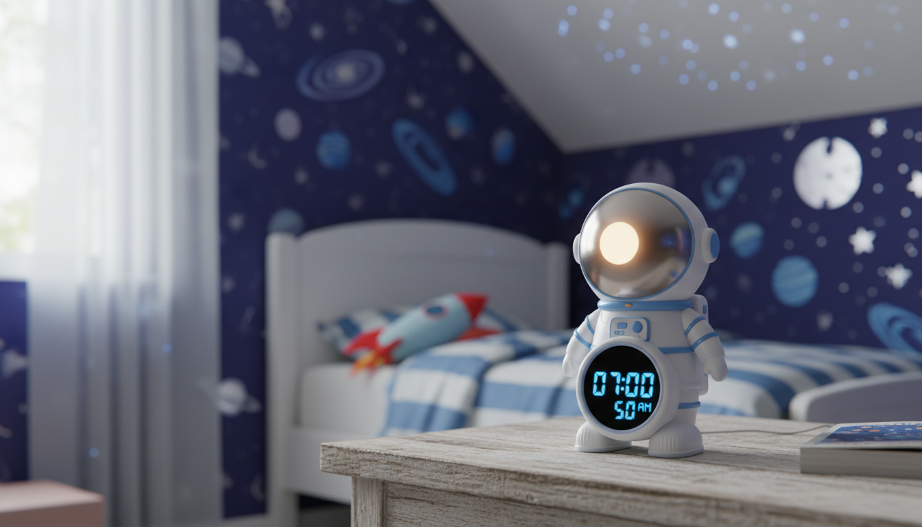 Réveil Astronaute en bois clair, harmonieusement placé sur une étagère étoilée et planètes.