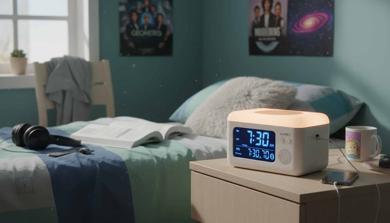 Réveil Ado rose pastel, entouré de livres et plantes, apportant une touche jeune et dynamique.