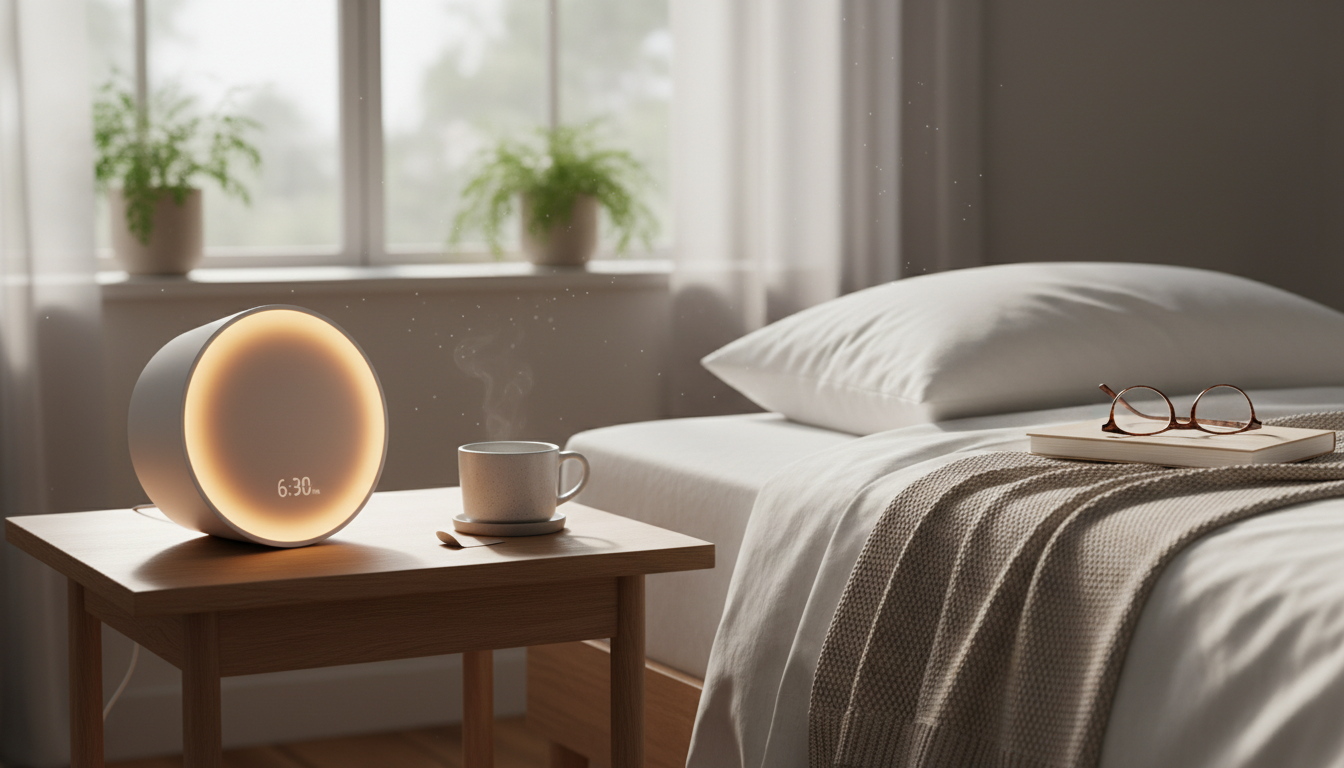 Éveillé doucement, ce radio réveil projette une lumière dorée sur les murs d'une chambre paisible.