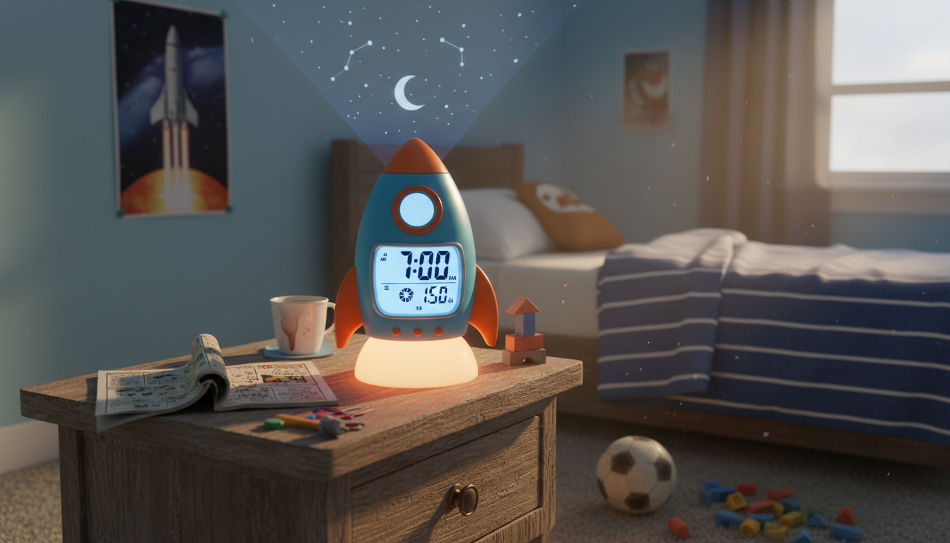 Un garçon souriant ajuste son réveil bleu nuit, prêt pour une journée pleine d'aventures.