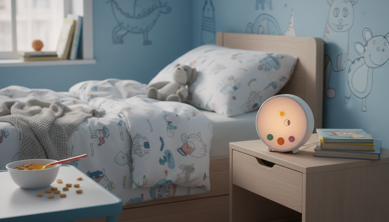 Un enfant se réveille joyeusement, le radio-réveil lumineux indiquant 7h00.