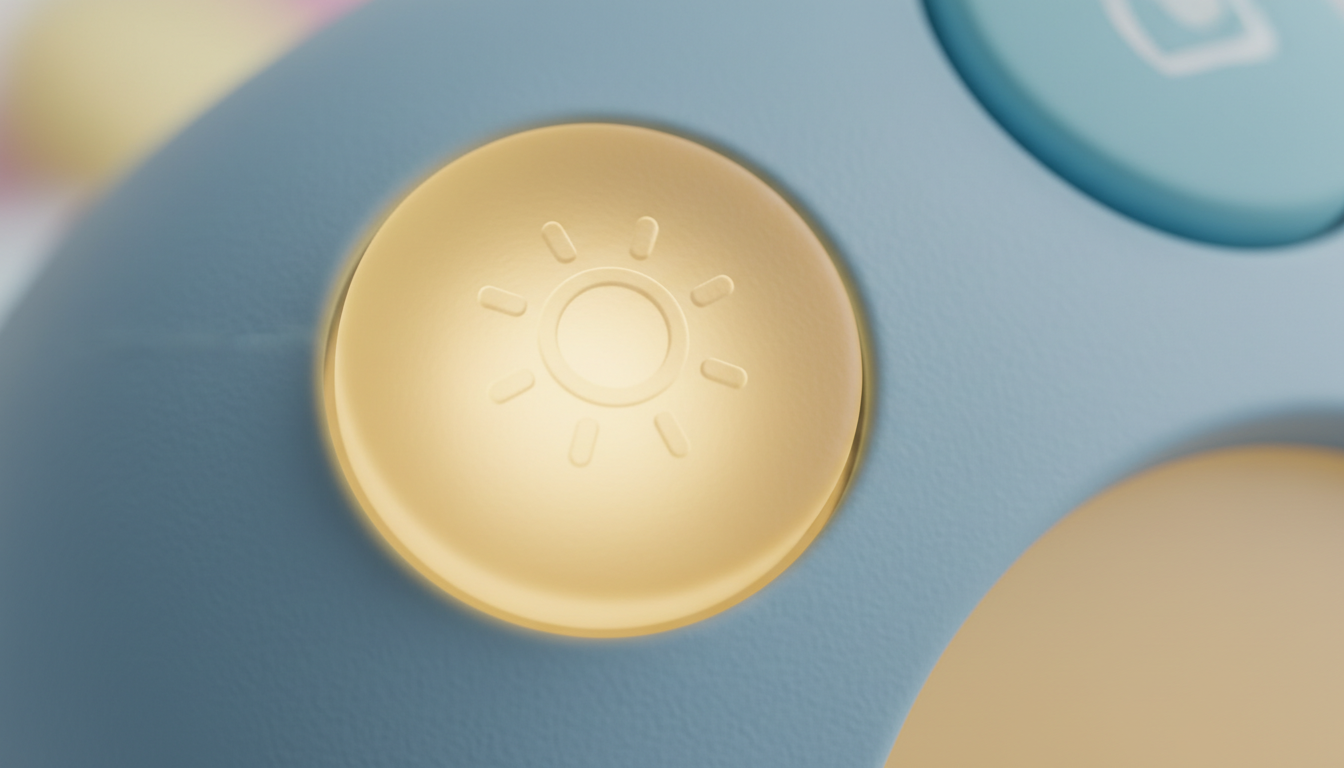 Gros plan sur les boutons en silicone colorés et l'écran doux au toucher.