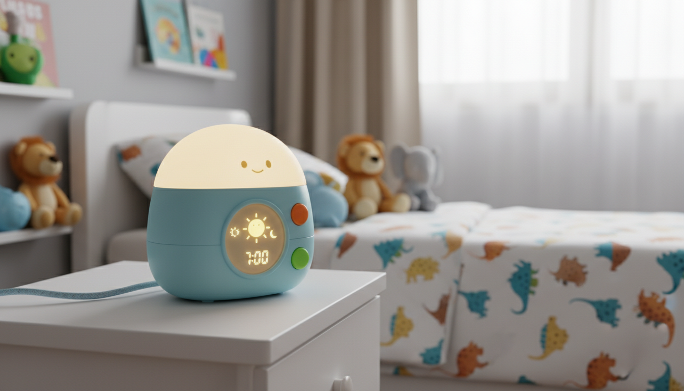 Le radio-réveil pastel se fond harmonieusement dans une chambre décorée de nuages.