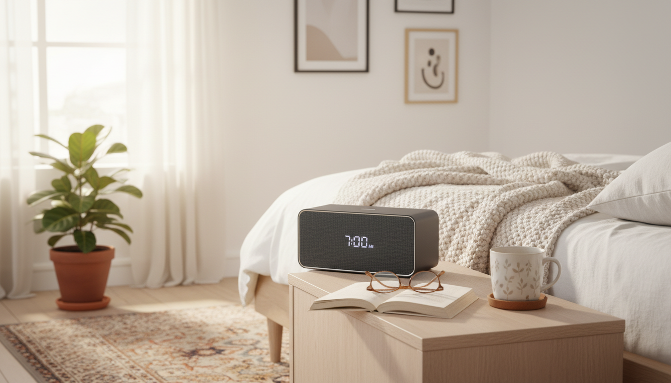 Réveil en bois clair sur table de nuit, illuminé par une douce lumière matinale.