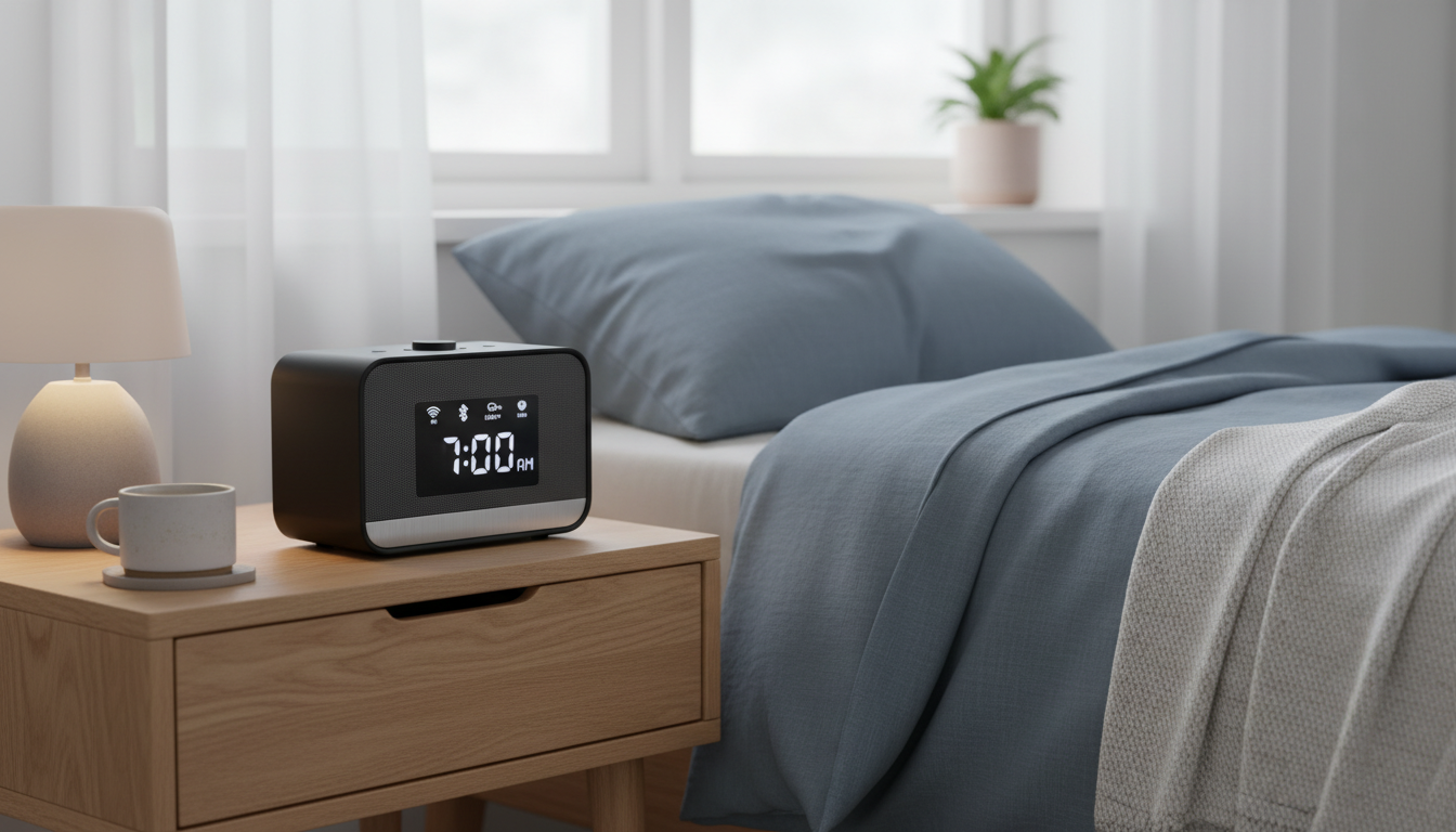 Radio réveil design minimaliste, entouré de plantes vertes et d’un livre ouvert.