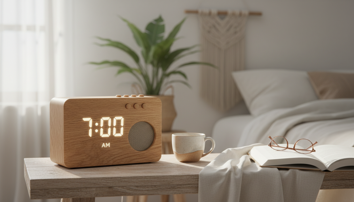 Réveil en bois de hêtre sur une table de chevet, éclairage doux créant une ambiance sereine.
