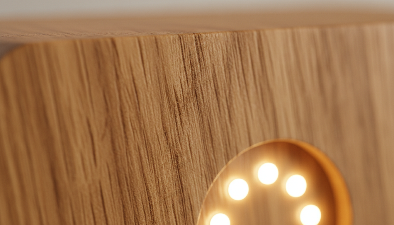 Gros plan sur la texture du chêne, révélant des veines naturelles et une finition lisse.