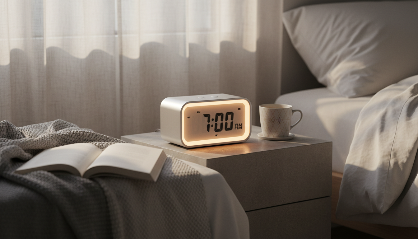 Un réveil au bois clair sur une table de nuit, baigné par la lumière douce du matin.