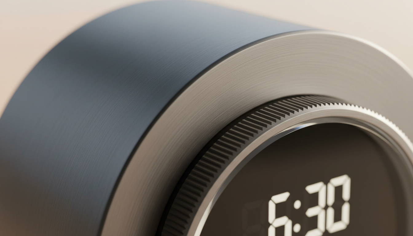 Surface lisse en bois naturel, boutons texturés en silicone, affichage numérique lumineux.