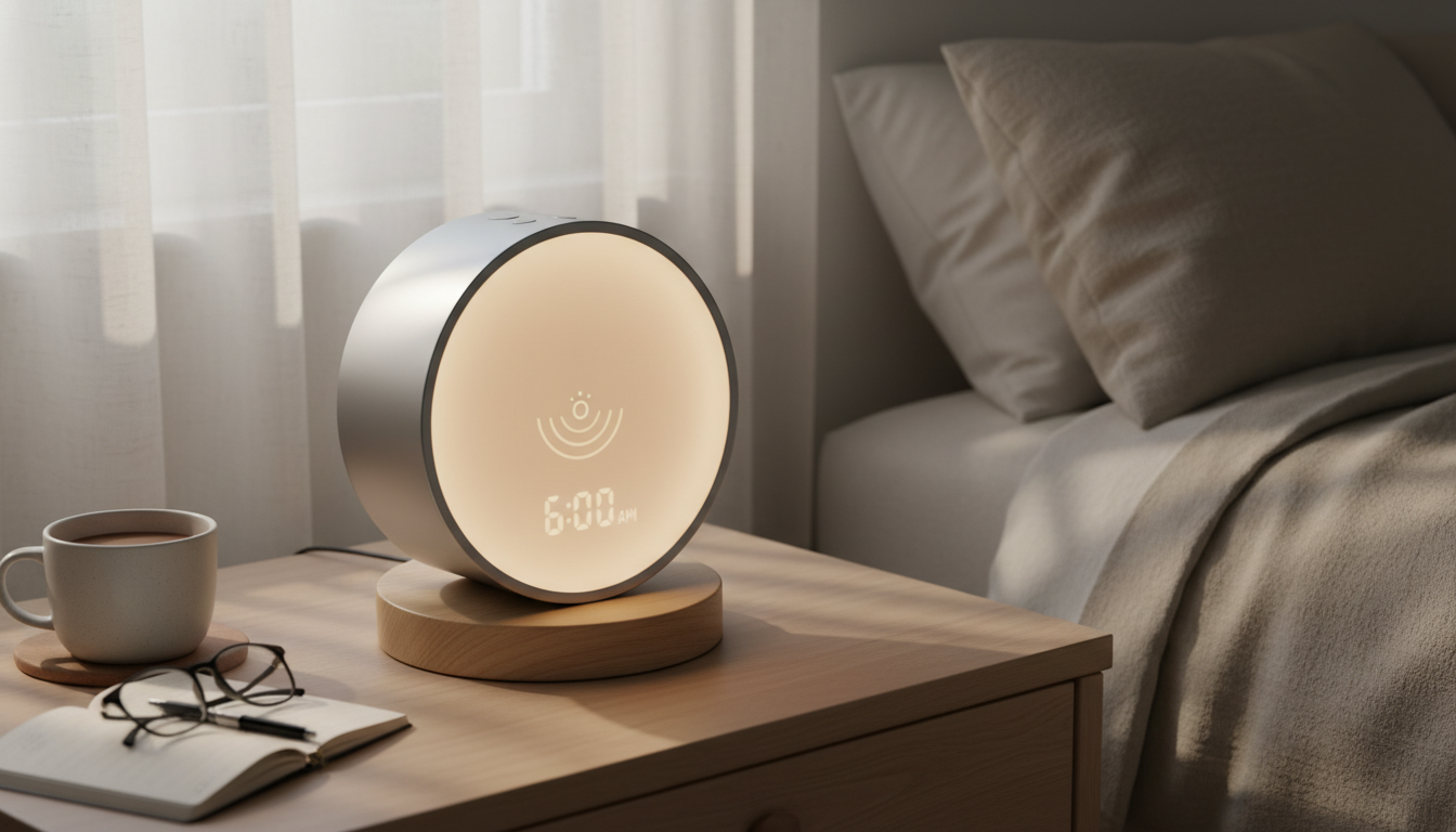 Réveil élégant sur une étagère, entouré de plantes vertes et de livres colorés.