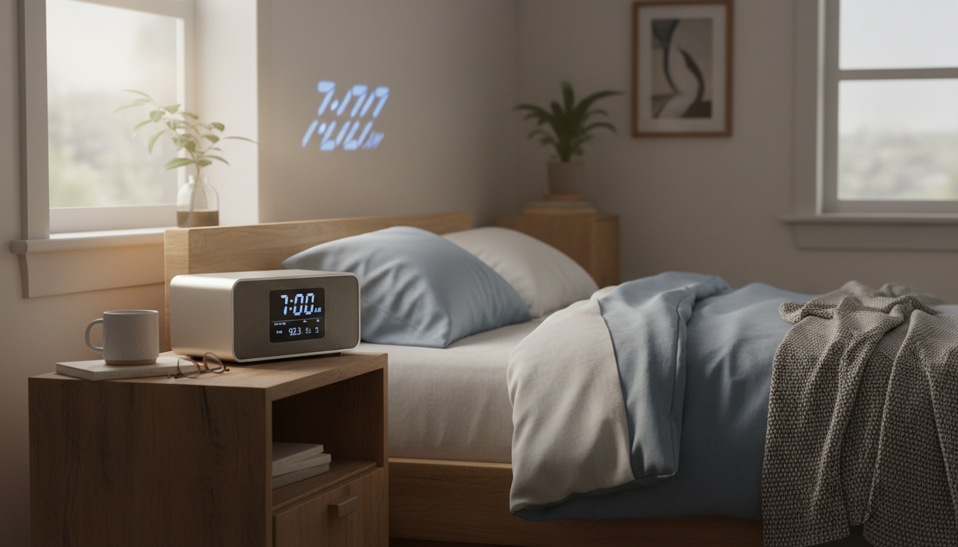 Réveil en bois clair sur une table de chevet, lumière douce illuminant la chambre paisible.