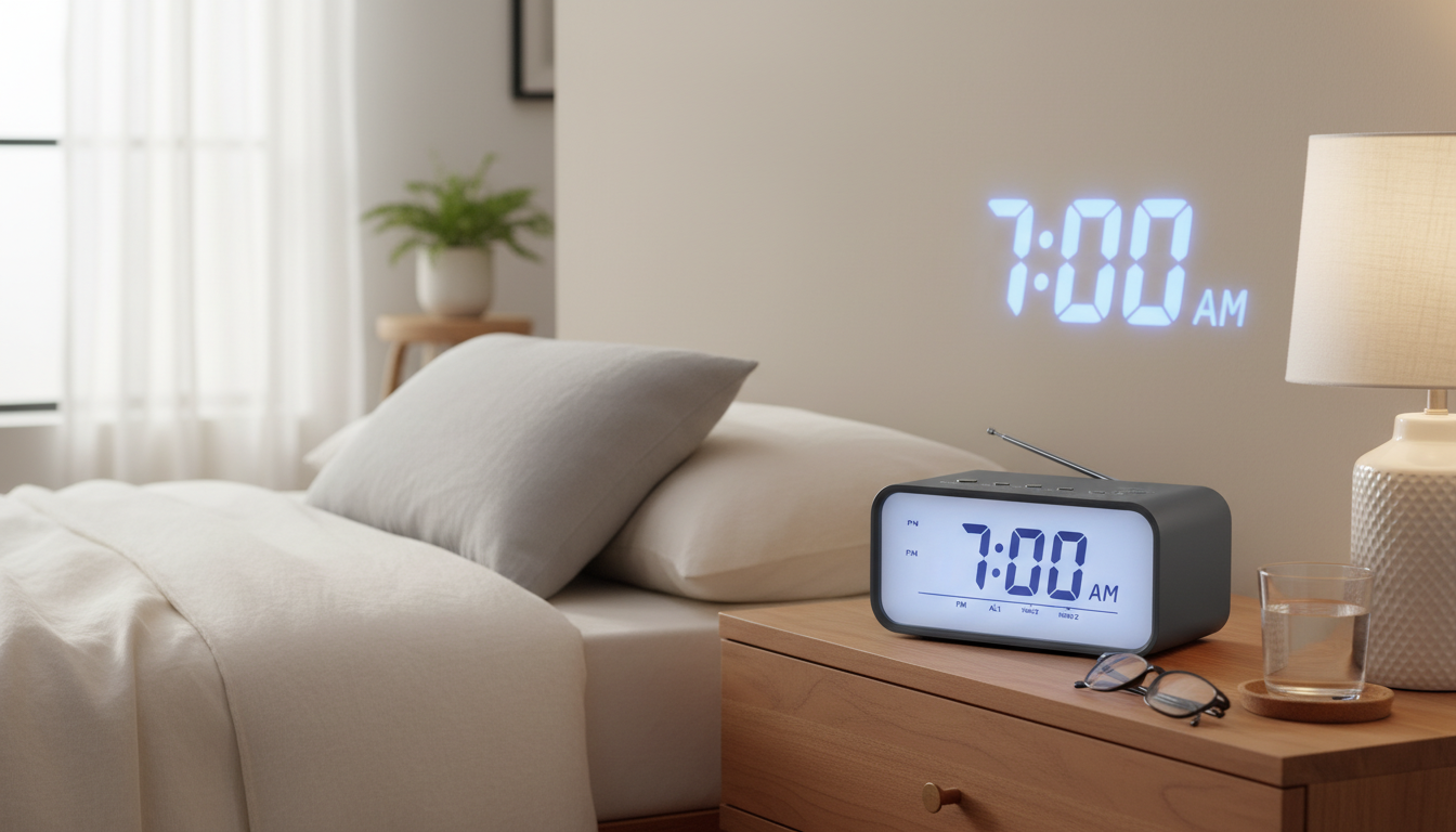 Radio Réveil élégant sur un bureau en marbre, entouré de plantes vertes et d’une tasse de café.