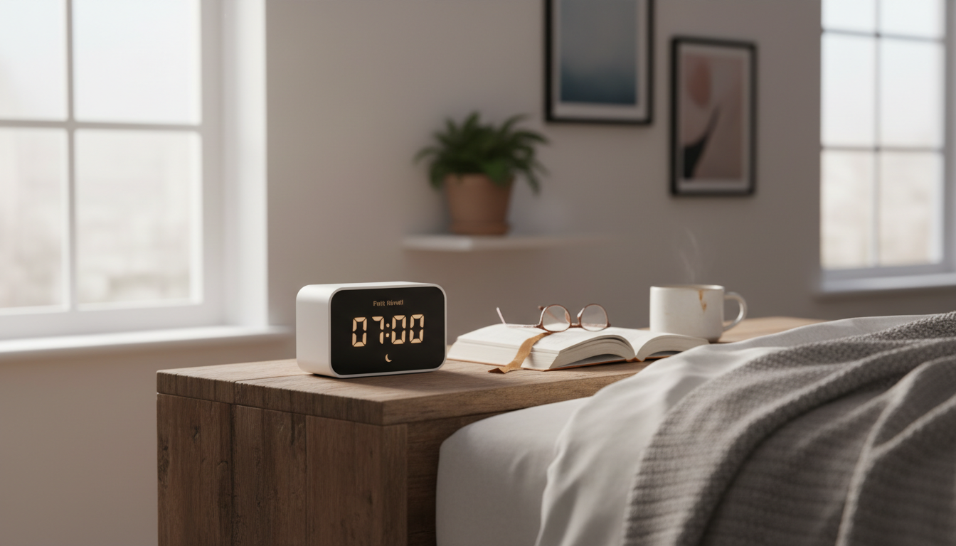 Réveil élégant sur une table de chevet en bois clair, illuminé par une douce lumière matinée.