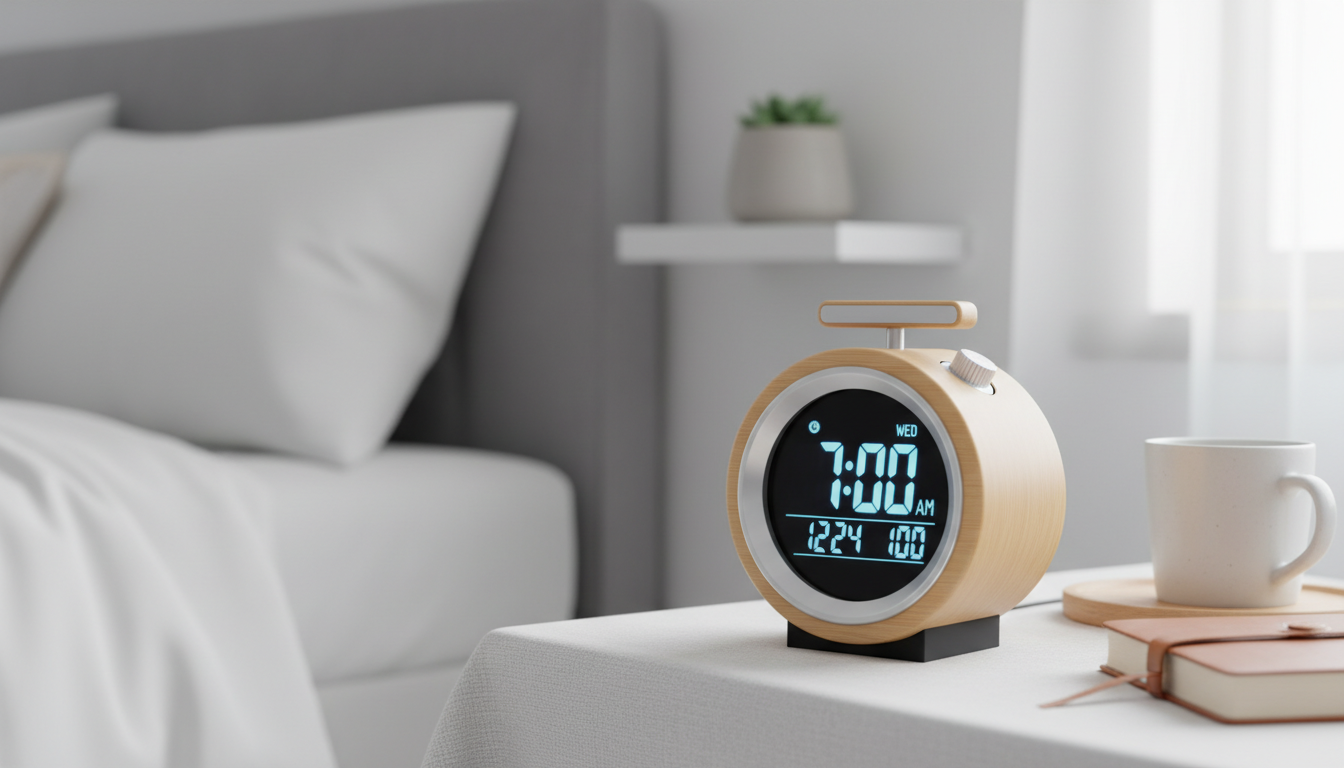 Petit réveil en céramique blanche, entouré de plantes vertes, créant une ambiance apaisante.