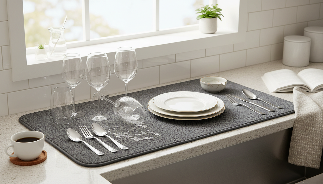 Tapis égouttoir gris clair, accueillant des assiettes en porcelaine et des verres élégants.