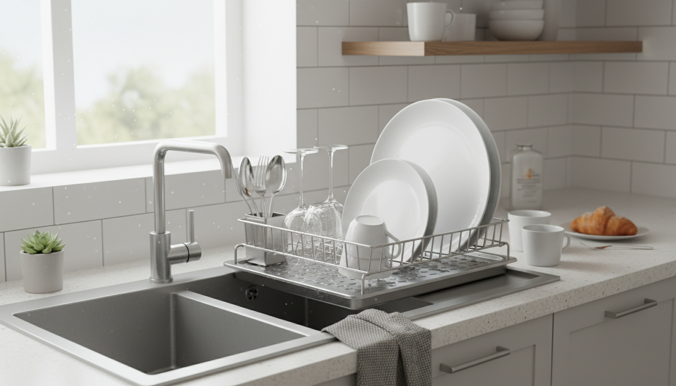 Égouttoir moderne en inox sur un plan de travail en bois, accueillant assiettes et verres éclatants.