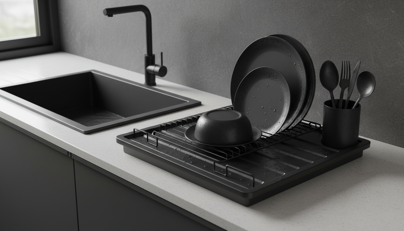 Disposé avec des assiettes blanches, l'égouttoir noir crée une harmonie visuelle captivante.