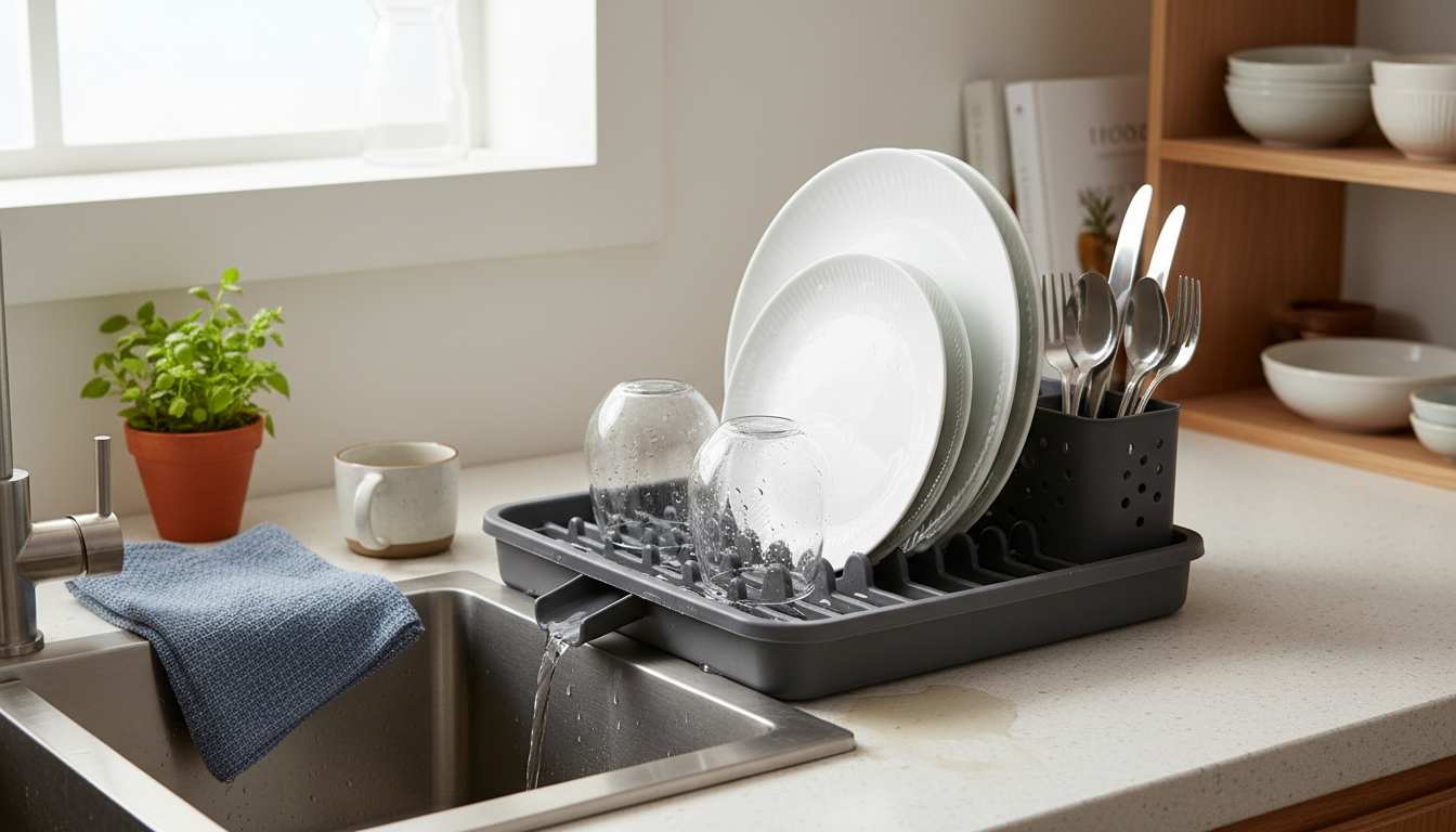 Petit égouttoir gris élégant, accueillant assiettes et verres sous un doux éclairage matinal.