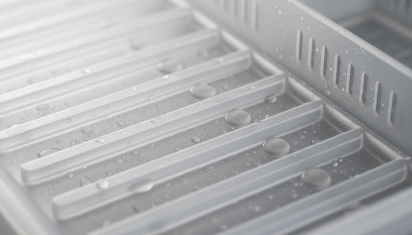 Gros plan sur les rainures anti-dérapantes et la texture lisse du plastique durable.