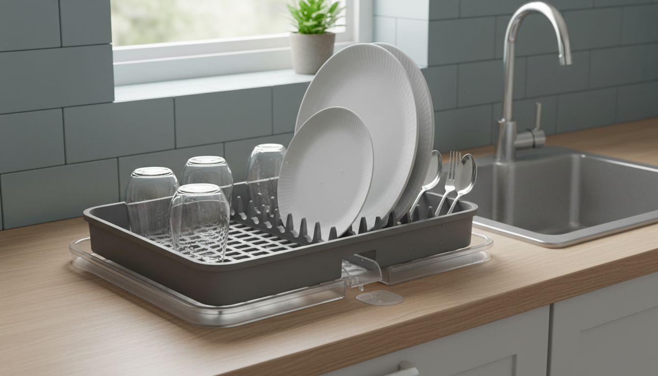 Égouttoir en bois clair, harmonieusement intégré dans une cuisine moderne minimaliste.