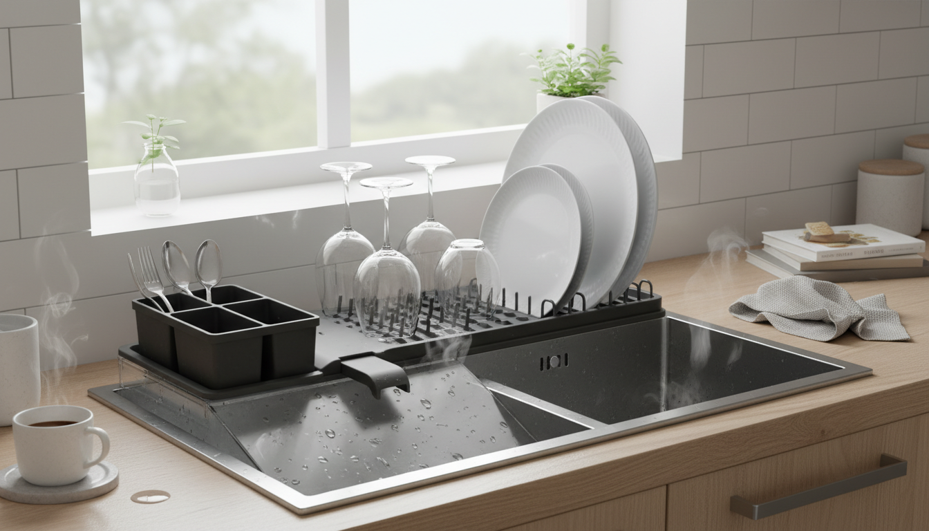 Cuisine moderne avec un égouttoir noir mat, accueillant assiettes et verres, optimisant l'espace.