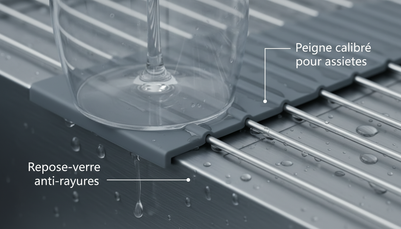 Gros plan sur le panier segmenté en silicone, offrant texture antidérapante et finition élégante.