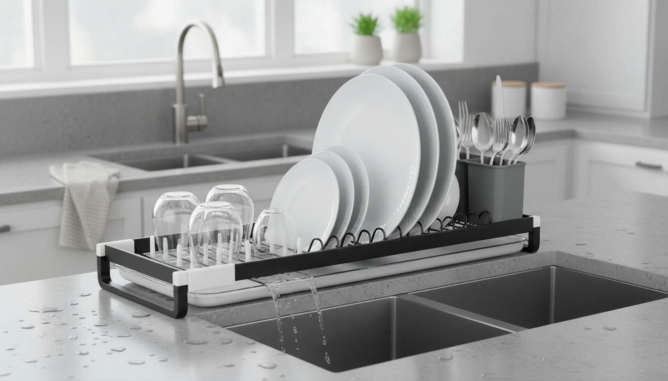 Égouttoir en acier inoxydable, mis en scène sur un plan de travail en marbre avec fleurs fraîches.