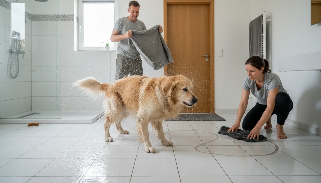 Chien mouillé qui transforme la salle d’eau en patinoire - lifestyle
