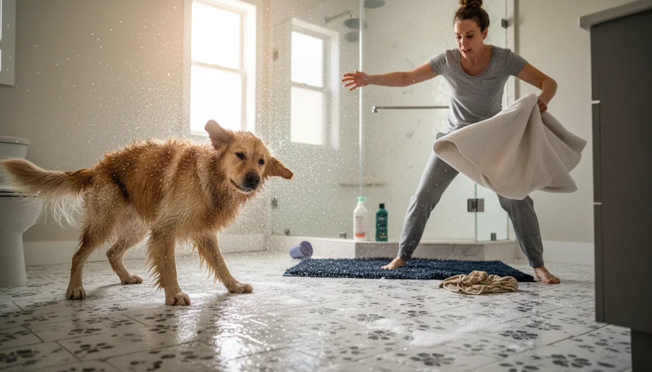 Chien mouillé qui transforme la salle d’eau en patinoire - decor