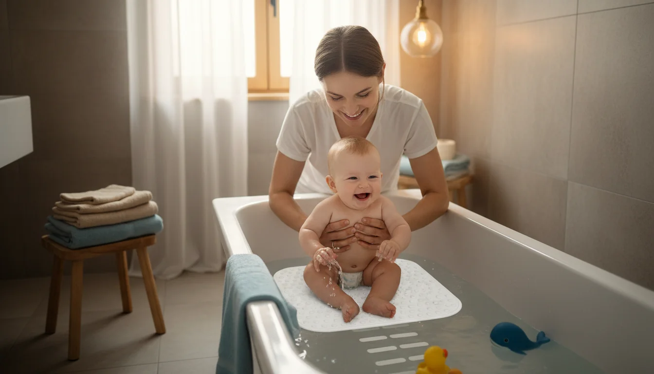 Bébé qui glisse dans la baignoire: sécuriser sans percer - ambiance
