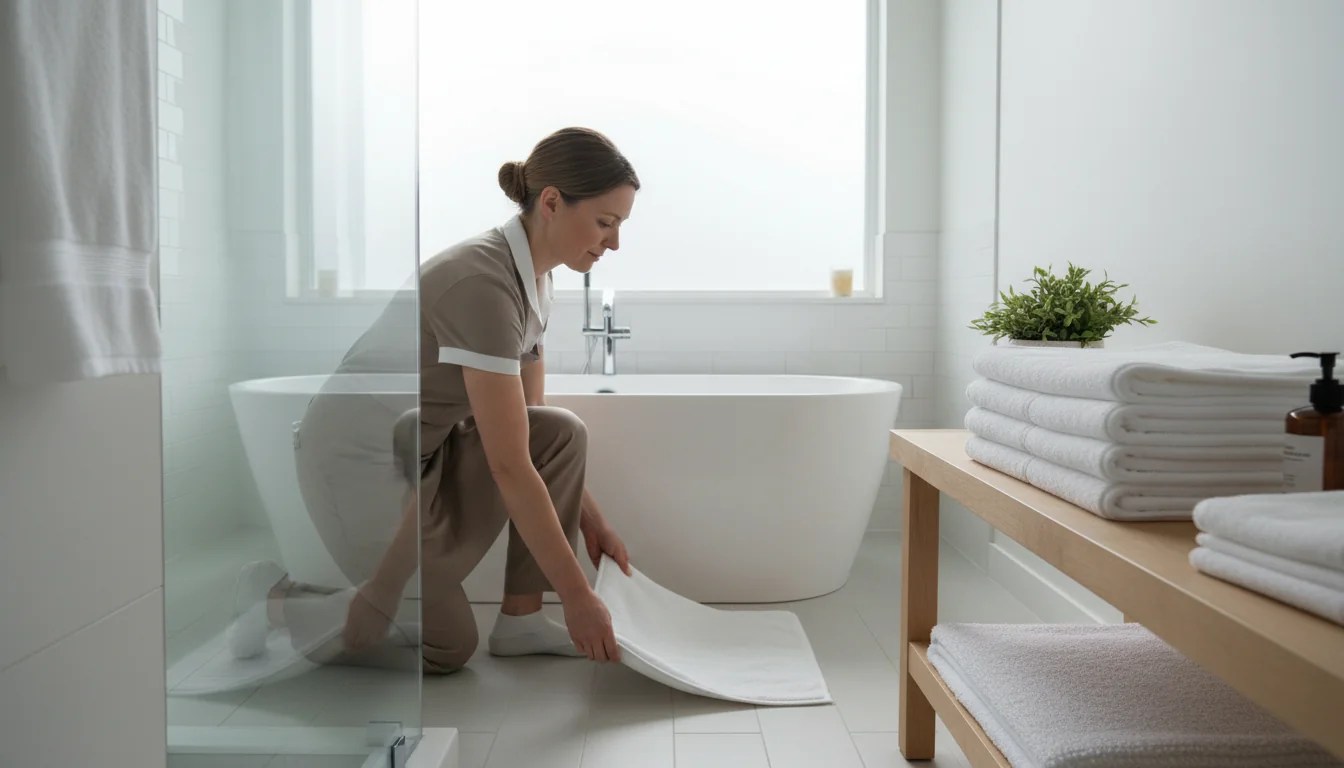 Alfombrillas de baño blancas fáciles de mantener para alquileres de Airbnb - lifestyle