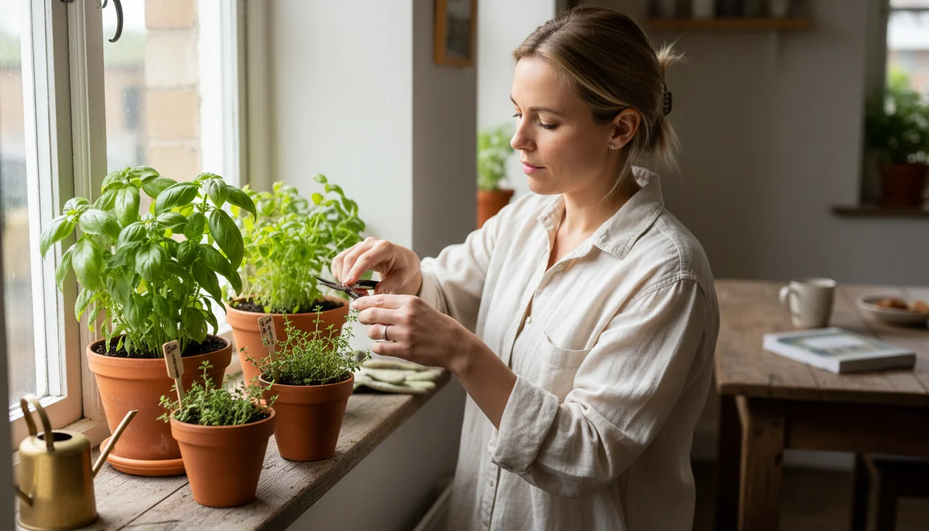 Mini jardin d’herbes: basilic, thym, menthe sur rebord - lifestyle