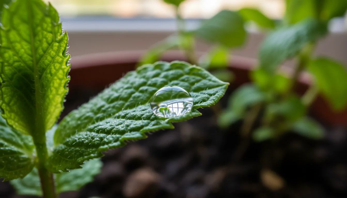 Mini jardin d’herbes: basilic, thym, menthe sur rebord - detail