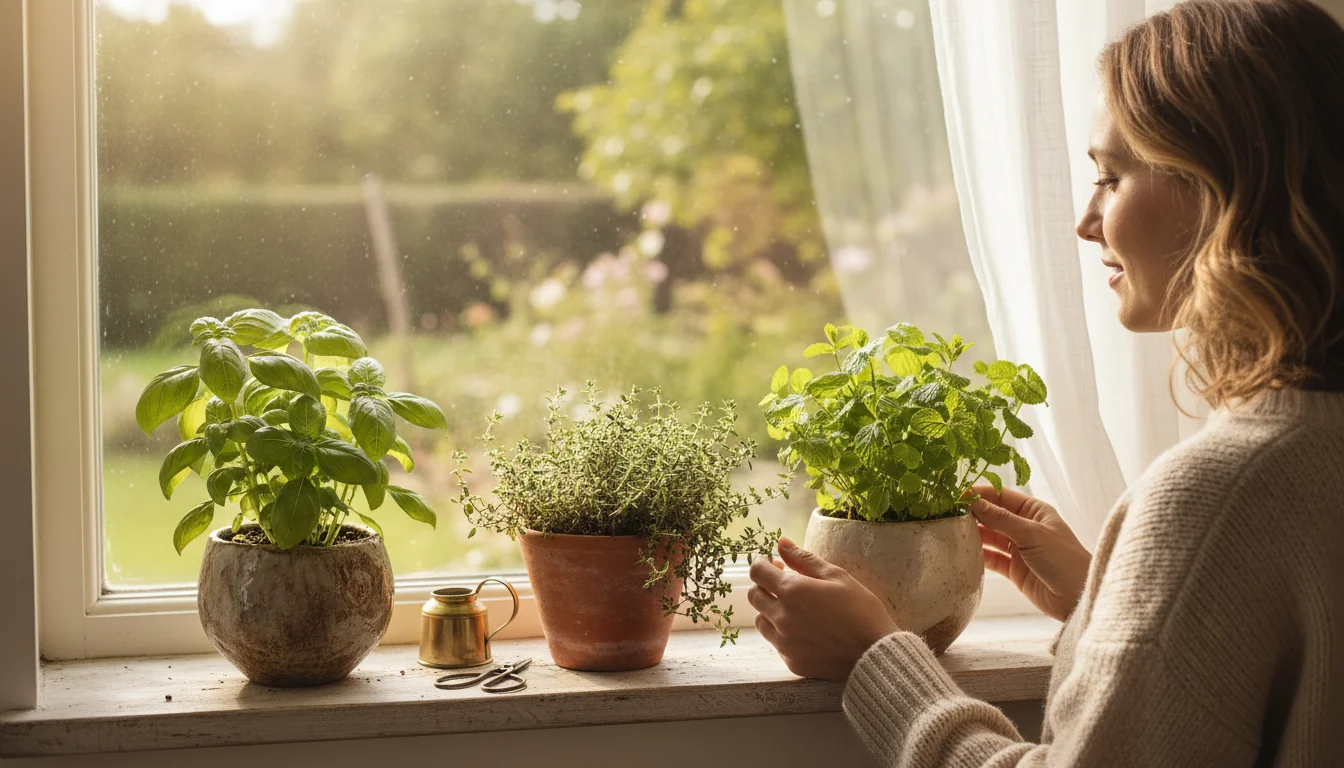 Mini jardin d’herbes: basilic, thym, menthe sur rebord - ambiance