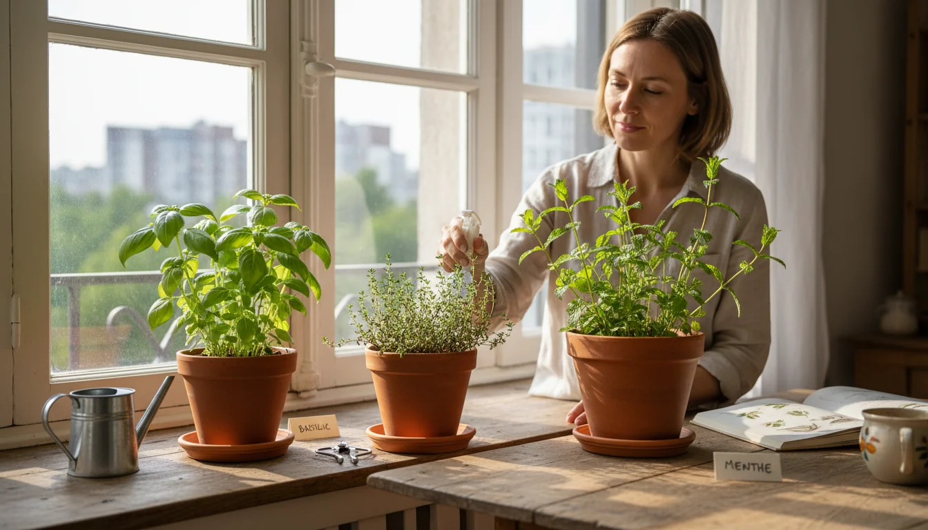 Mini jardin d’herbes: basilic, thym, menthe sur rebord - decor