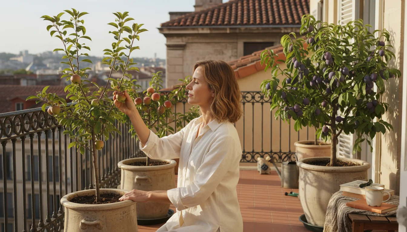 Fruitiers nains en pot: pommes, pêches et prunes en ville - ambiance