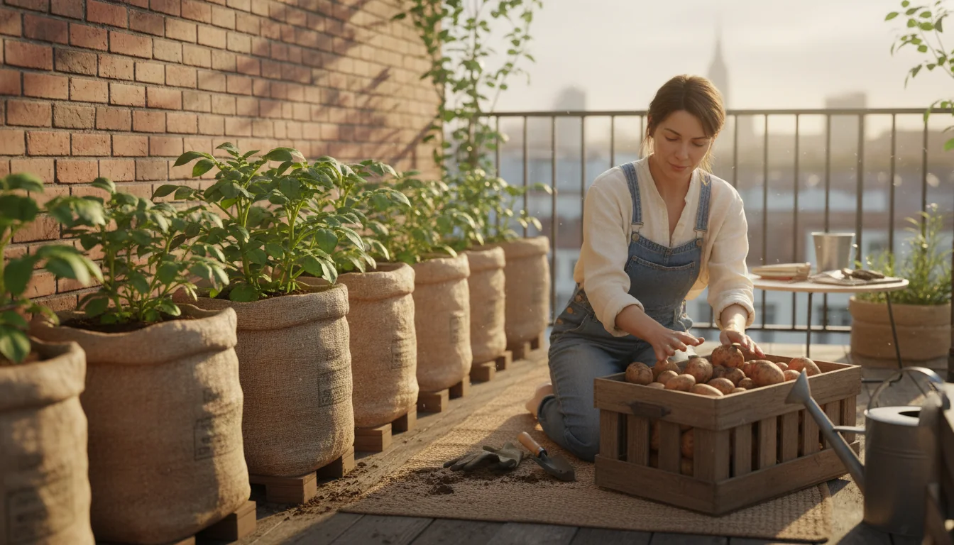 Pommes de terre en sac: grosse récolte sur petit balcon - ambiance